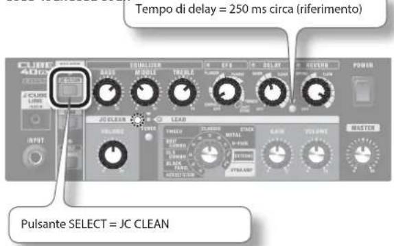 Tempo di delay = 250 ms circa (riferimento) CUBE 40Hz QUALIZER BASE MODEL TRAVEL OUT DELAY POWER JG CLEAN LEAD VOLUME TURKEY CLASSSED STICK RASS PULSE MASTER Pulsante SELECT = JC CLEAN