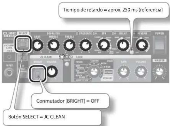 Tiempo de retardo = aprox. 250 ms (referencia) J/C LIME SELECT SAND MODEL TREND PRESUENCE IFX OCLAT RIVERB POWER J/C CLEAN LEAD WALD GREEN THY DETAIL GAIN POLLI MASTER INPUT VOLUME VOLUME CONMUTADOR [BRIGHT] = OFF Botón SELECT = JC CLEAN
