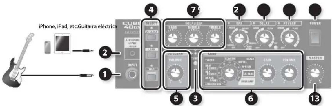 iPhone, iPad, etc.Guitarra eléctrica CUBE 40cm CUBE LINK INPUT SELECT 2 CLEAN LEAD 3 VOLT 4 EQUALLIZER BASS MIDDLE THURBLE 5 VOLUME TURNE 6 EFX DELAY REVERD POWER 7 13 MASTER CLASSIC STACK GAIN TWERD METAL N-FIER EXTRENS DINA AMP BIT COMBO OLX CORSO BLACK PART ACQUATIC LIN