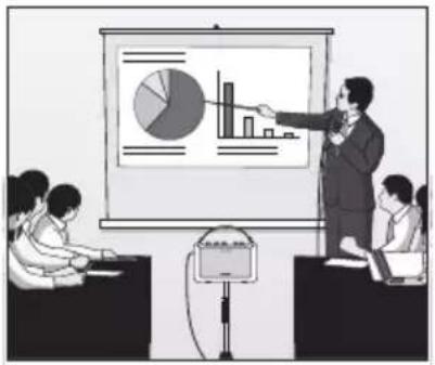 Illustration of a presentation with a presenter pointing to a pie chart and bar chart, surrounded by onlookers in a classroom setting.