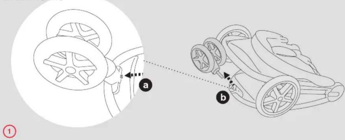 Diagram illustrating the use of a car steering wheel, showing two steps (a and b) with labeled parts and directional arrows.