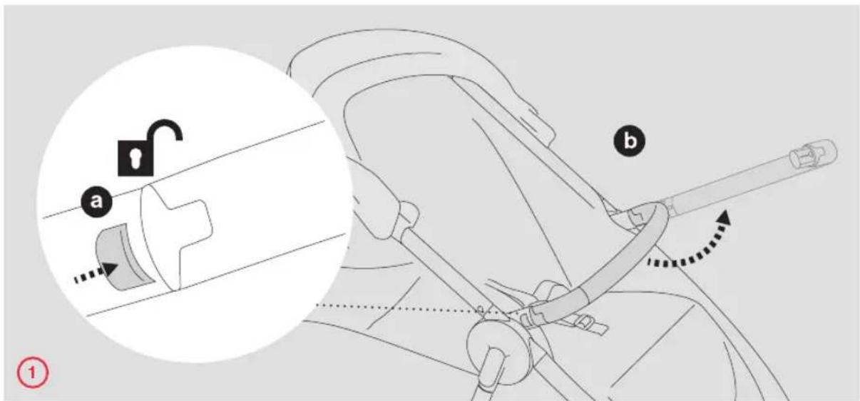 Diagram illustrating a mechanical assembly with labeled parts (a, b) and an inset showing a lock mechanism.