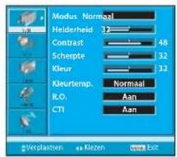 Modus: Normaal Heiderheid 32 Contrast 48 Scherpte 32 Kleur 32 Kleurtemp. Normaal R.O. Aan CTI Aan Verplantsen • Klezen Exit