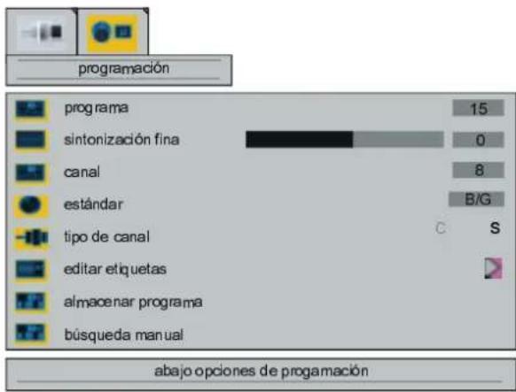 programación programa 15 sintonización fina 0 canal 8 estándar B/G tipo de canal C S editar etiquetas almacenar programa búsqueda manual abajo opciones de programación