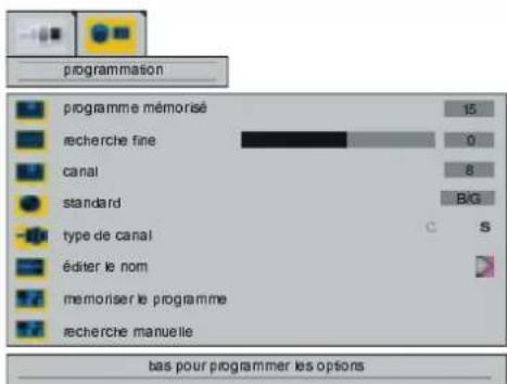 programmation programme mémorisé 15 recherche fine 0 canai 8 standard BIG type de canal C S éditer le nom memoriser le programme recherche manuelle bas pour programmer les opsons