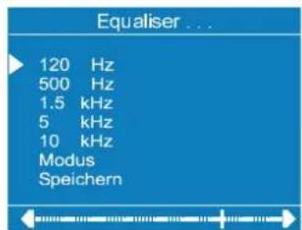 Equaliser ... 120 Hz 500 Hz 1.5 kHz 5 kHz 10 kHz Modus Speichern