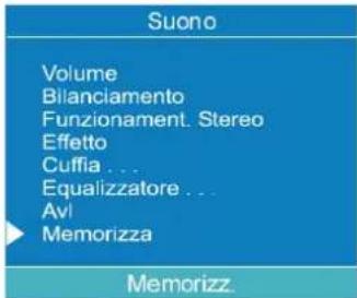 Suono Volume Bilanciamento Funzionament. Stereo Effetto Cuffia ... Equalizzatore ... Avi Memorizza Memorizz.