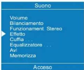 Suono Volume Bilanciamento Funzionament. Stereo Effetto Cuffia ... Equalizzatore ... Avi Memorizza Acceso