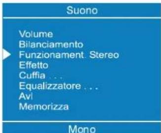 Suono Volume Bilanciamento Funzionament. Stereo Effetto Cuffia ... Equalizzatore ... Avi Memorizza Mono