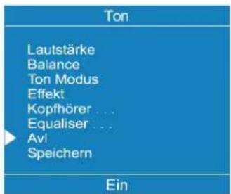Ton Lautstärke Balance Ton Modus Effekt Kopfhörer ... Equaliser ... Avl Speichern Ein