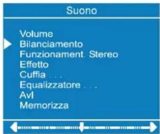 Suono Volume Bilanciamento Funzionament. Stereo Effetto Cuffia ... Equalizzatore ... AvI Memorizza
