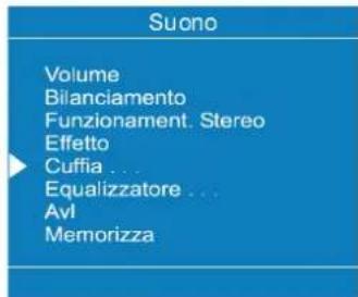 Suono Volume Bilanciamento Funzionament. Stereo Effetto Cuffia ... Equalizzatore ... Avl Memorizza