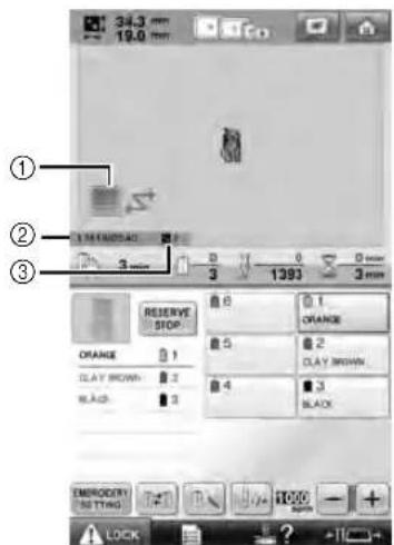 BABY LOCK Endurance 2 BND92 - After the embroidery pattern has been opened by the machine, the embroidering screen appears. - 1