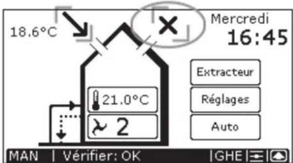ZEHNDER ComfoControl Luxe - Après la mise sur arrêt du ventilateur d'insufflation et du ventilateur d'extraction, le symbole "Xappeaît sur le ComfoControl pour indiquer que ceux-ci sont arrétés. - 3