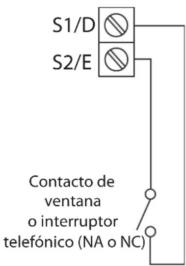 S1/D S2/E Contacto de ventana o interruptor telefónico (NA o NC)