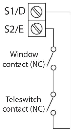 S1/D S2/E Window contact (NC) Teleswitch contact (NC)