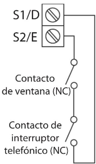S1/D S2/E Contacto de ventana (NC) Contacto de interruptor telefónico (NC)