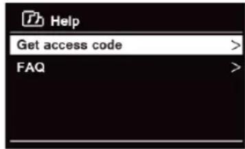 TECHNISAT DigitRadio 580 - Obtention d'un code d'accès et FAQ dans le menu « Help » (Aide) - 1