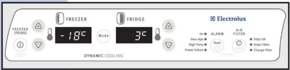 FREEZER /FRIDGE -18°C Mode FRIDGE 3°C DYNAMIC COOLING Electrolux On Door Ajar High Temp Power Failure ALARM Reset AIR FILTER Filter OK Order Filter Change Filter