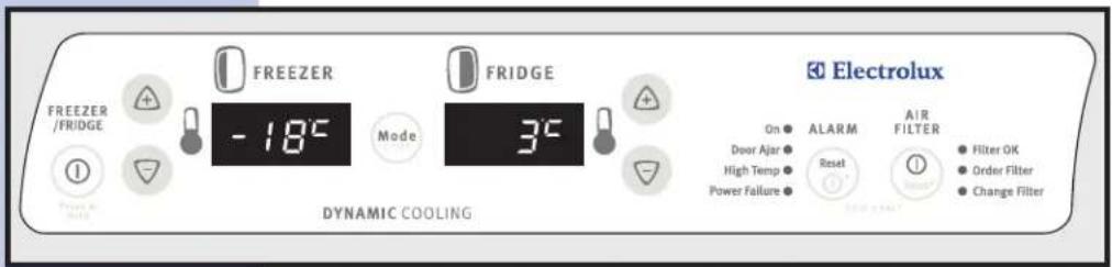 FREEZER /FRIDGE -18°C Mode 3°C FRIDGE DYNAMIC COOLING Electrolux On AlARM AIR FILTER Door Ajar High Temp Power Failure Reset Filter OK Order Filter Change Filter