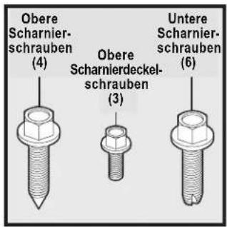 Obere Scharnier- schrauben (4) Obere Scharnierdeckel- schrauben (3) Untere Scharnier- schrauben (6)