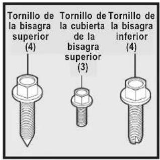 Tornillo de la bisagra superior (4) Tornillo de la cubierta de la bisagra superior (3) Tornillo de la bisagra inferior (4)
