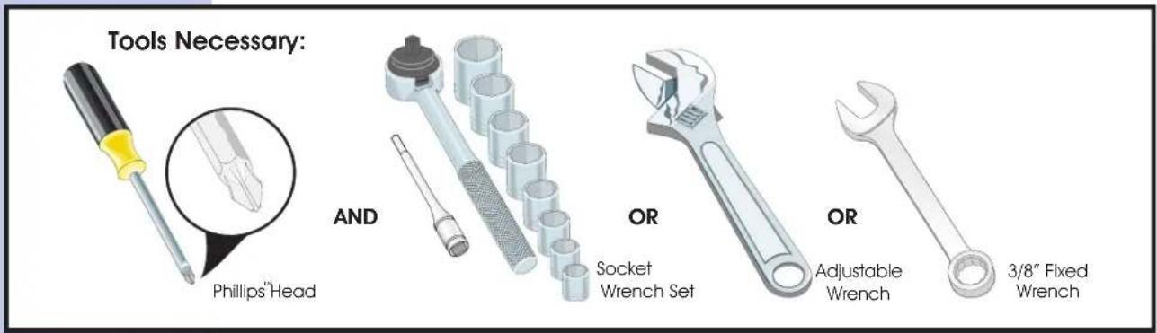 Tools Necessary: AND OR OR Phillips™Head Socket Wrench Set Adjustable Wrench 3/8" Fixed Wrench