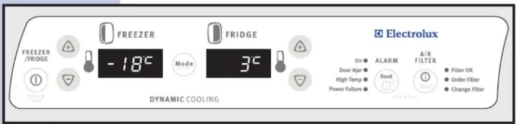 FREEZER /FRIDGE + - -18°C Mode 3°C FRIDGE DYNAMIC COOLING Electrolux On Door Ajar High Temp Power Failure ALARM Reset Air FILTER Filter OK Order Filter Change Filter Hold a Store