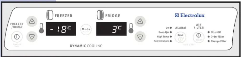 FREEZER /FRIDGE -18°C Mode 3°C FRIDGE DYNAMIC COOLING Electrolux On Door Ajar High Temp Power Failure ALARM Reset Air FILTER Gold & Steel Filter OK Order Filter Change Filter