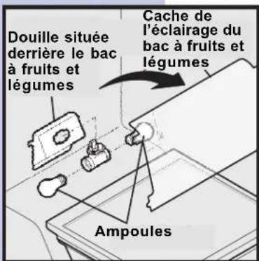 Douille située derrière le bac à fruits et légumes Cache de l'éclairage du bac à fruits et légumes Ampoules