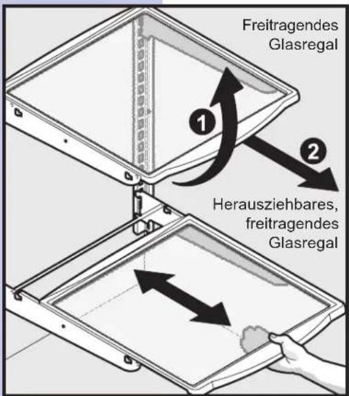 Freitragendes Glasregal ① ② Herausziehbares, freitragendes Glasregal