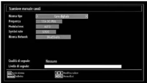 Scantione manuale candi Ricerca tipo < Cana digitale > Frequenza 114.95 MHz Modulazione AUTO Symbol rate 3.900 Ricerca Network Disattivata Qualità di segnale: Nessuno Livello di segnale: Ricerta sinerea Modifica valorem Massifeduto NumeriEuris