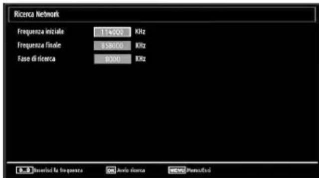 Ricerca Network Frequenza inizielle 114200 KHz Frequenza finale $58050 GHz Fase di ricerca 8300 GHz S.2 Inserted la frequenza OK Avvio ricerca MEVO Presso/Faci
