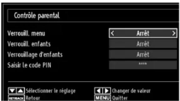 Contrôle parental Verrouill. menu < Arrêt > Verrouill. enfants Arrêt Verrouillage d'enfants Arrêt Saisir le code PIN **** Sélectionner le réglage Changer de valeur RETBACK Retour MENU Quitter
