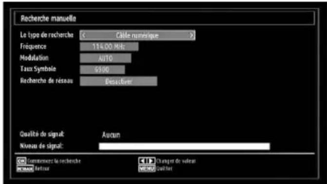 Recherche manuelle Le type de recherche Câelle numérique Fréquence 114.00 MHz Modulation AUTO Taux Symbole 6200 Recherche de réseau Desacquer Qualité de signal Aucun Niveau de signal: Commaixant le recherche Retour Changer de valeur MENU Quillet