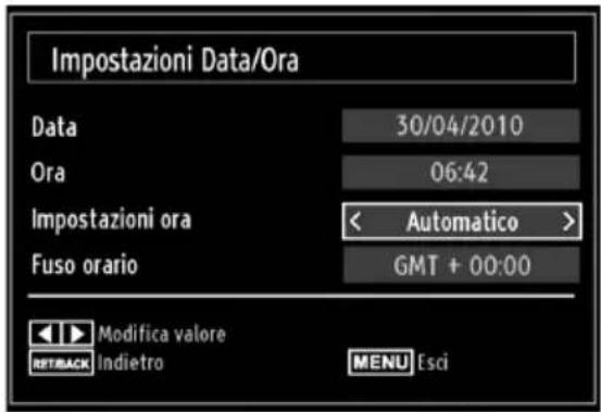 Impostazioni Data/Ora Data 30/04/2010 Ora 06:42 Impostazioni ora < Automatico > Fuso orario GMT + 00:00 Modifica valore Indietro MENU Esci