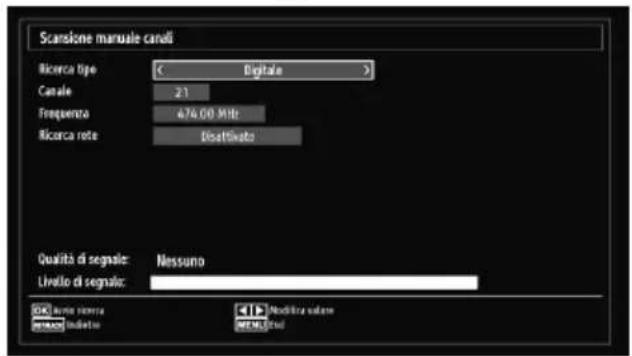 Scansione manuale candi Ricerca type: < Digitale > Canale 21 Frequenza 476.00 MHz Ricerca rote Risettivato Qualità di segnale: Nessuno Livello di segnale: OK! Iluno riserva INDUSTRY INDUSTRI Modifica valente MEMS (Full)