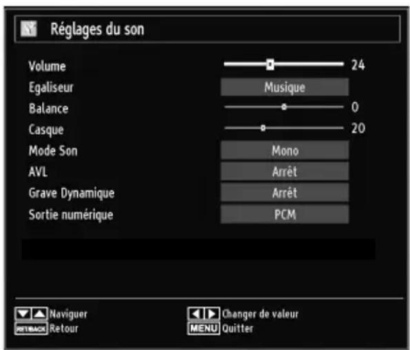 Réglages du son Volume 24 Egaliseur Musique Balance 0 Casque 20 Mode Son Mono AVL Arrêt Grave Dynamique Arrêt Sortie numérique PCM Naviguer Changer de valeur RETBACK Retour MENU Quitter