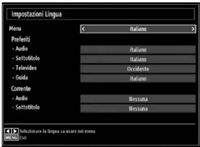 Impostazioni Lingua Menu < Italiano > Preferiti - Audio - Sottotitolo - Televideo - Guida Corrente - Audio - Sottotitolo Italiano Italiano Occidente Italiano Nessuna Nessuna Selezionare la lingua sa usare nei menu MENU Escl