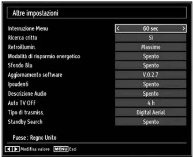 Altre impostazioni Interruzione Menu < 60 sec > Ricerca critto Si Retroillumin. Massimo Modalità di risparmio energetico Spento Sfondo Blu Spento Aggiornamento software V.0.2.7 Ipoudenti Spento Descrizione Audio Spento Auto TV OFF 4 h Tipo di trasmiss. Standby Search Digital Aerial Spento Paese: Regno Unito Modifica valore MENU Esci
