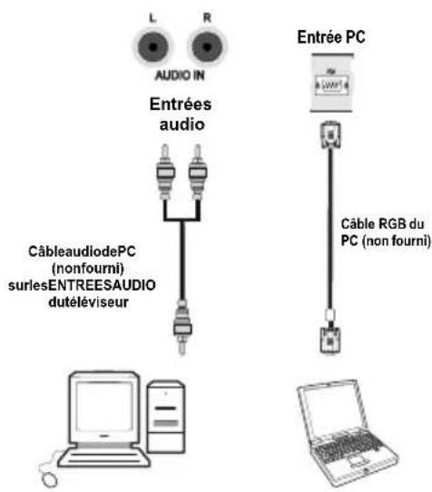 L R AUDIO IN Entrées audio CâbleaudiodePC (nonfourni) suresENTREESAUDIO dutéléviseur Entrée PC Câble RGB du PC (non fourni)