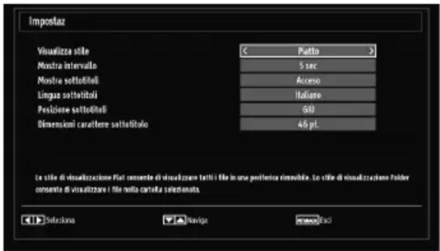 Impostaz Visualizza stile < Putto > Mostra intervallo 5 sec Mostra settolitoli Acceso Lingua settolitoli Italiane Pesciune settolitoli 60 Dimenskoni carattere settolitolo 46 pt. Le stile di visualizzazione Fiat consente di visualizzare tatti i file in una continenza rinnovibile. Lo stile di visualizzazione Folder consente di visualizzare i file nella cartella selezionata. Selectiva Navigate MENAGI ESCI