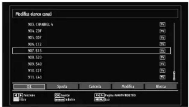 Modifica elenco canali 903. CHANNEL 4 904. ZOF 905. C07 906. C12 907. S15 908. S20 909. S40 910. C21 911. C43 OK Sporta Cancelia Modifica Biocca Fascielle OK Guardo PAGE PAGNA ANTONI/DEBETRO Tires Grande Persece di bilato IMEA Ecu