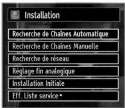 Installation Recherche de Chaînes Automatique Recherche de Chaînes Manuelle Recherche de réseau Réglage fin analogique Installation Initiale Eff. Liste service*