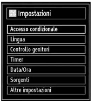 Impostazioni Accesso condizionale Lingua Controllo genitori Timer Data/Ora Sorgenti Altre impostazioni