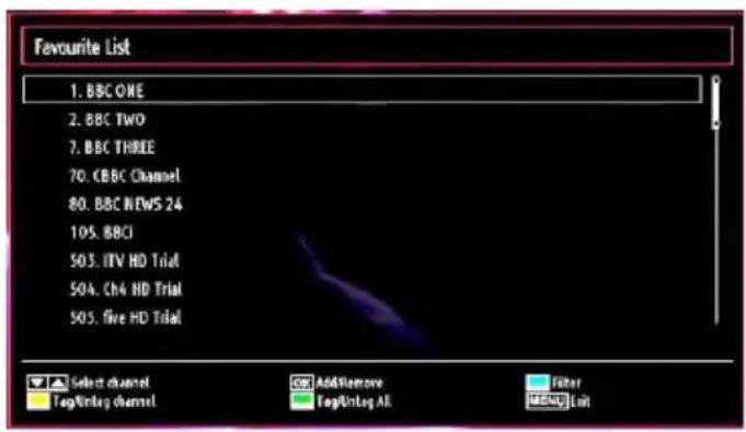 Favourite List 1. BBC ONE 2. BBC TWO 7. BBC THREE 70. CBC Channel 80. BBC NEWS 24 105. BBCI 503. ITV HD Trial 50A. Ch4 HD Trial 505. five HD Trial Select channel Tag/Unlag channel Add/Remove Tag/Unlag All Filter MENU Exit
