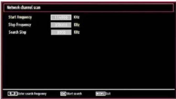 Network channel scan Start Frequency 114002 KHz Stop Frequency 858306 KHz Search Step 80/20 KHz E...Enter search frequency CC Start search MENU Cut