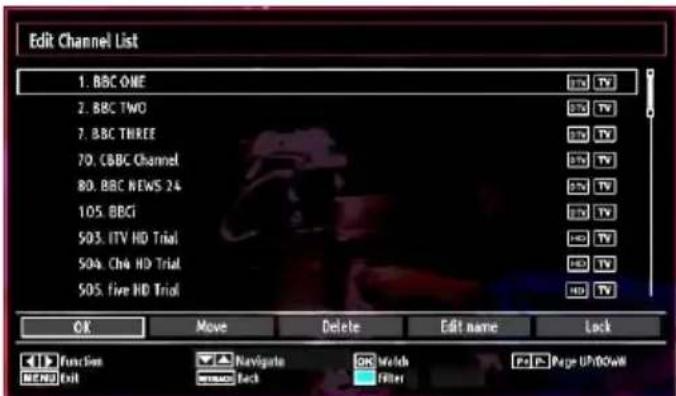 Edit Channel List 1. BBC ONE 2. BBC TWO 7. BBC THREE 70. CBBC Channel 80. BBC NEWS 24 105. BBCI 503. ITV HD Trial 504. Ch# HD Trial 505. five HD Trial OK Move Delete Edit name Lock Function Navigate Watch FPage UNKNOWN MENU Exit Cancel Filter