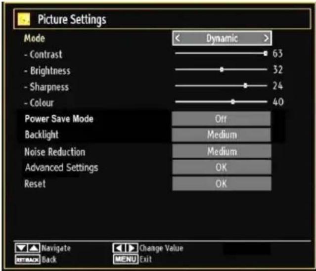 Picture Settings Mode - Contrast - Brightness - Sharpness - Colour Power Save Mode Backlight Noise Reduction Advanced Settings Reset < Dynamic > 63 32 24 40 Off Medium Medium OK OK Navigate Change Value REBACK Back MENU Exit