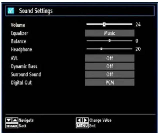 Sound Settings Volume 24 Equalizer Music Balance 0 Headphone 20 AVL Off Dynamic Bass Off Surround Sound Off Digital Out PCM Navigate REBACK Back Change Value MENU Exit